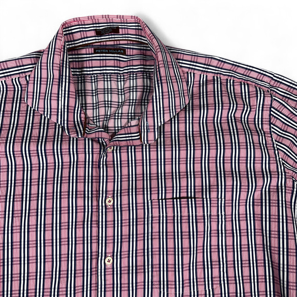Peter Millar Shirt Adult 2XL XXL Pink Blue White Plaid Button Up Designer - Picture 2 of 10
